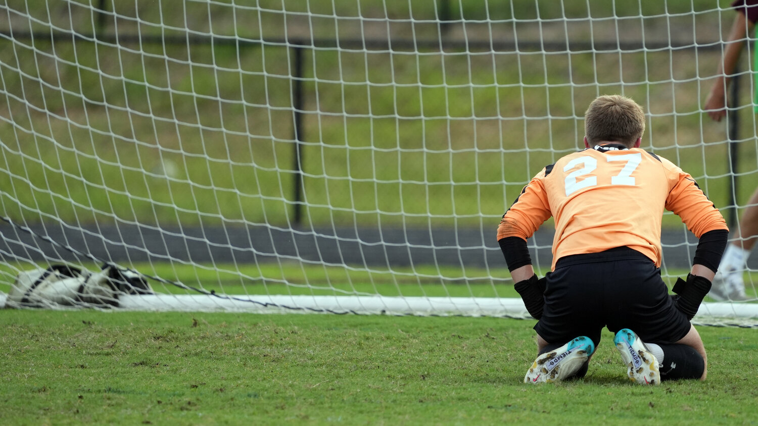 Seaforth goalkeeper Jack Haste looks through the back of his net during the Hawks’ 3-1 overtime loss to North Moore.